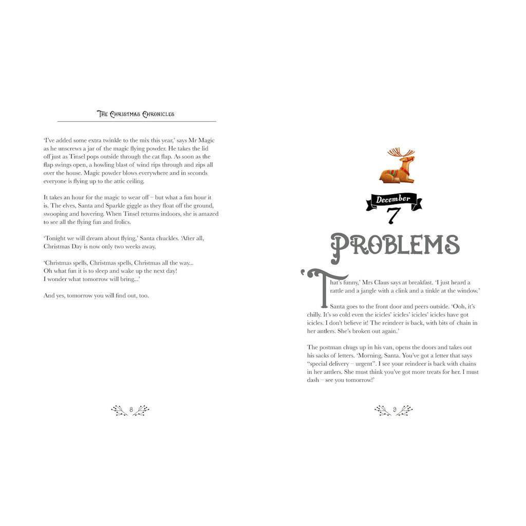 Page featuring text from "The Christmas Chronicles." On the left, a whimsical narrative about Christmas magic and flying tiles. The right shows "December 7 Problems" with a reindeer illustration, discussing reindeer antics and a special delivery. The tone is playful and festive.