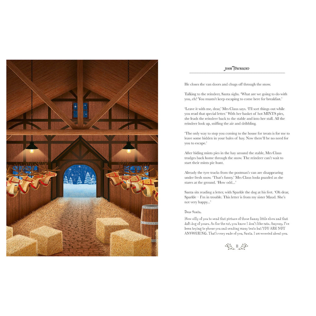 A cozy stable scene shows reindeer in stalls adorned with wreaths and ribbons. Snowy trees are visible outside. Text on the right narrates a festive story.