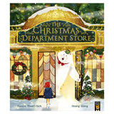 Child in red coat enters Christmas-themed department store with festive wreaths. A friendly white bear in a bow tie welcomes them. Snowy, magical ambiance.
