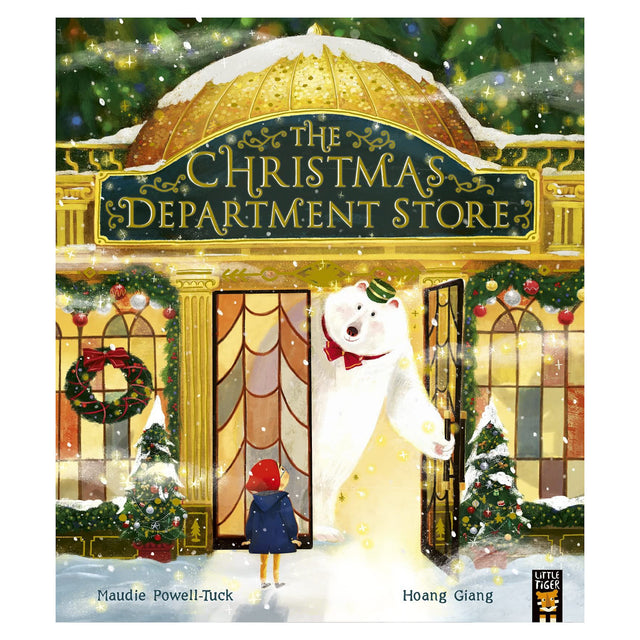 Child in red coat enters Christmas-themed department store with festive wreaths. A friendly white bear in a bow tie welcomes them. Snowy, magical ambiance.