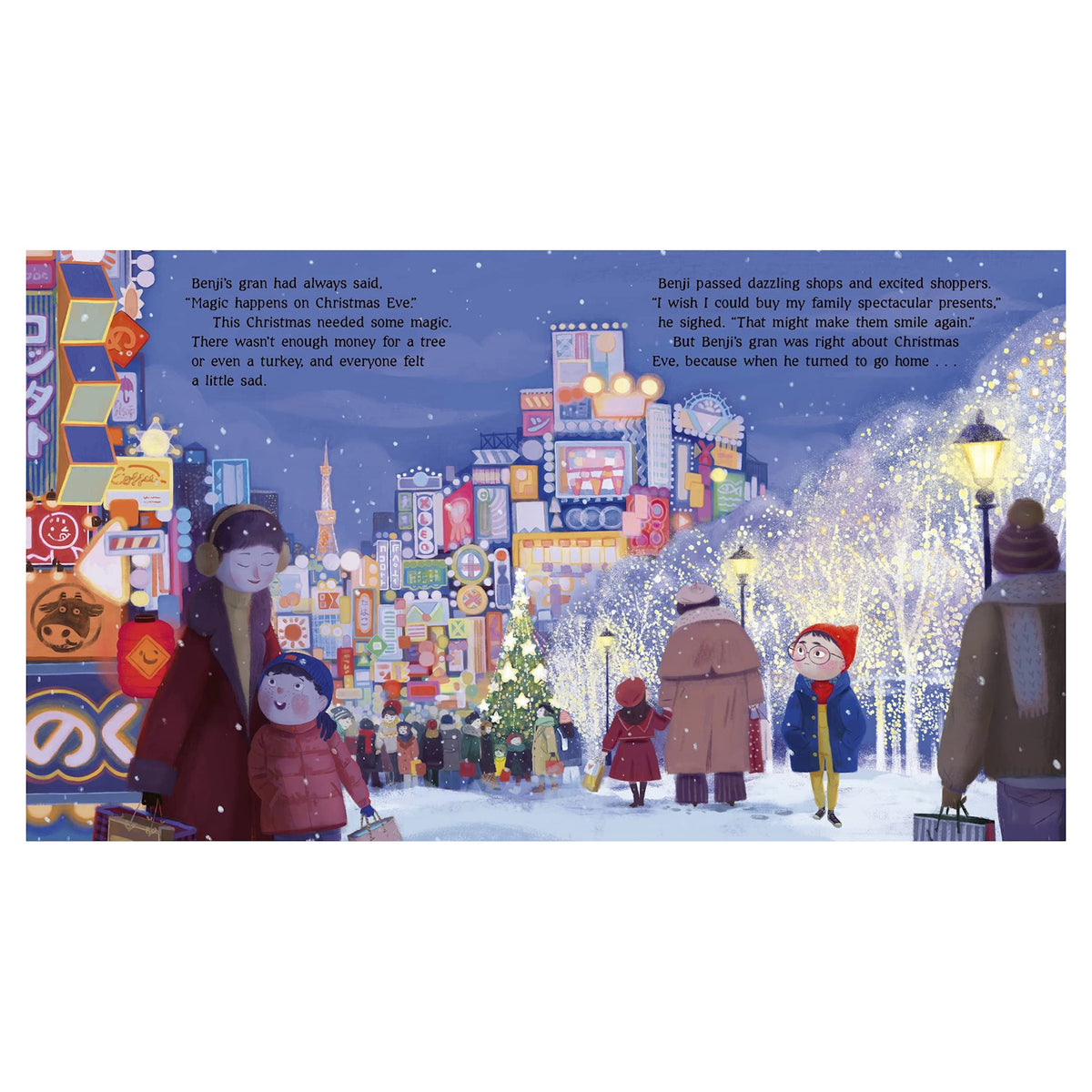 A festive city scene at night with colorful shop signs, white glowing trees, and bustling shoppers. A joyful boy in a red hat looks around, conveying holiday excitement.