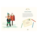 Child on another's shoulders drops a letter to Santa into a red mailbox; snow with a robin on top. Right text: Letter to Santa. Envelopes and pencils nearby.