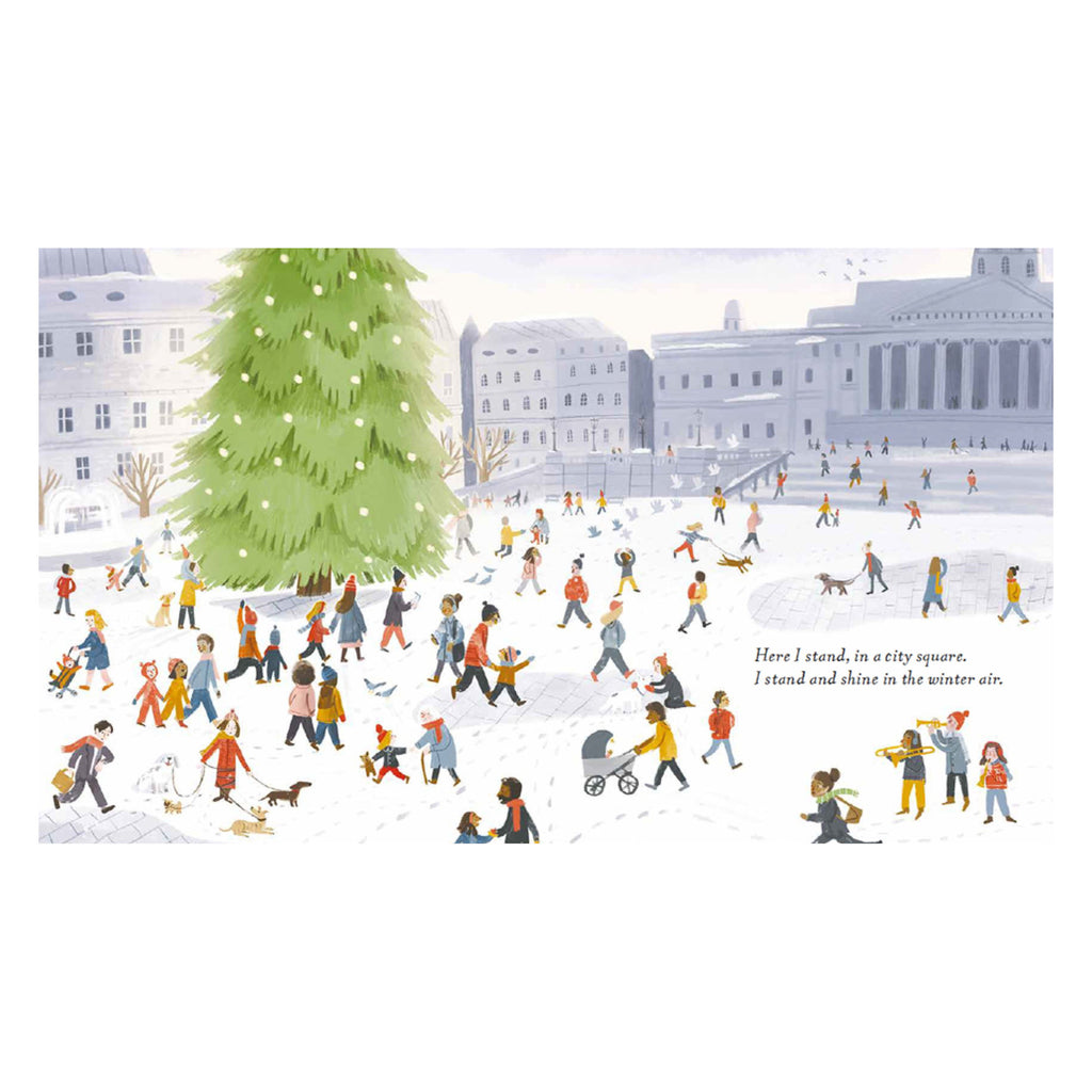 A bustling city square in winter with people in colorful coats walking, carrying gifts, and pushing strollers. A large Christmas tree adds festive cheer.