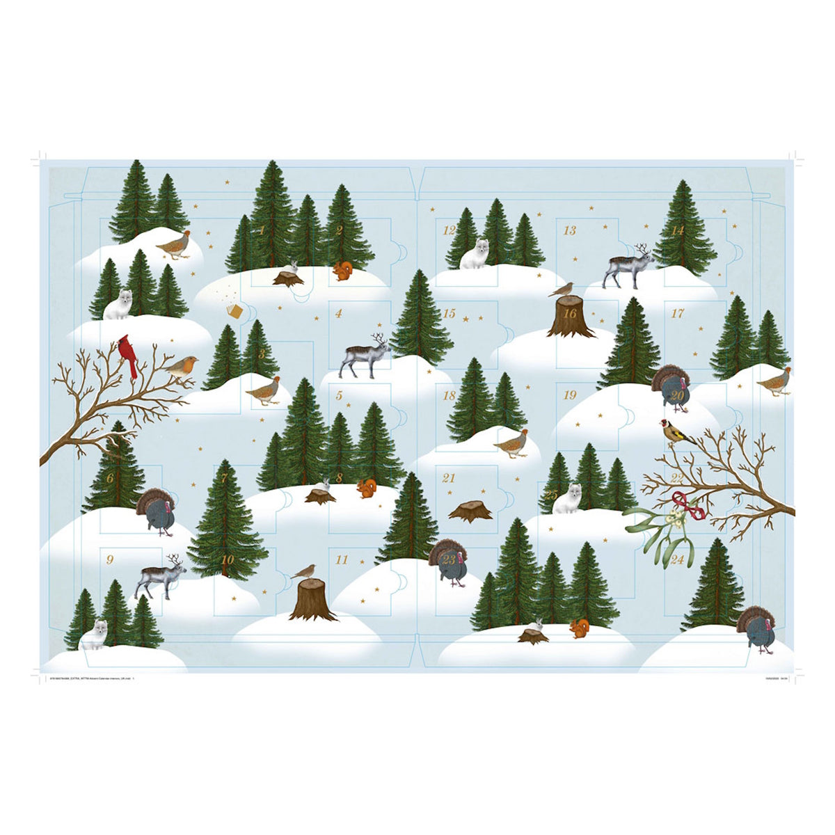 Winter woodland advent calendar featuring numbered doors, snowy hills, pine trees, and illustrations of arctic animals.
