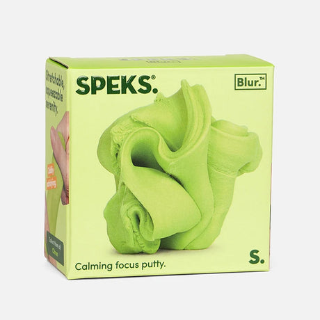 Light-green box for Speks Blur calming focus putty displaying a swirled putty graphic on the front.