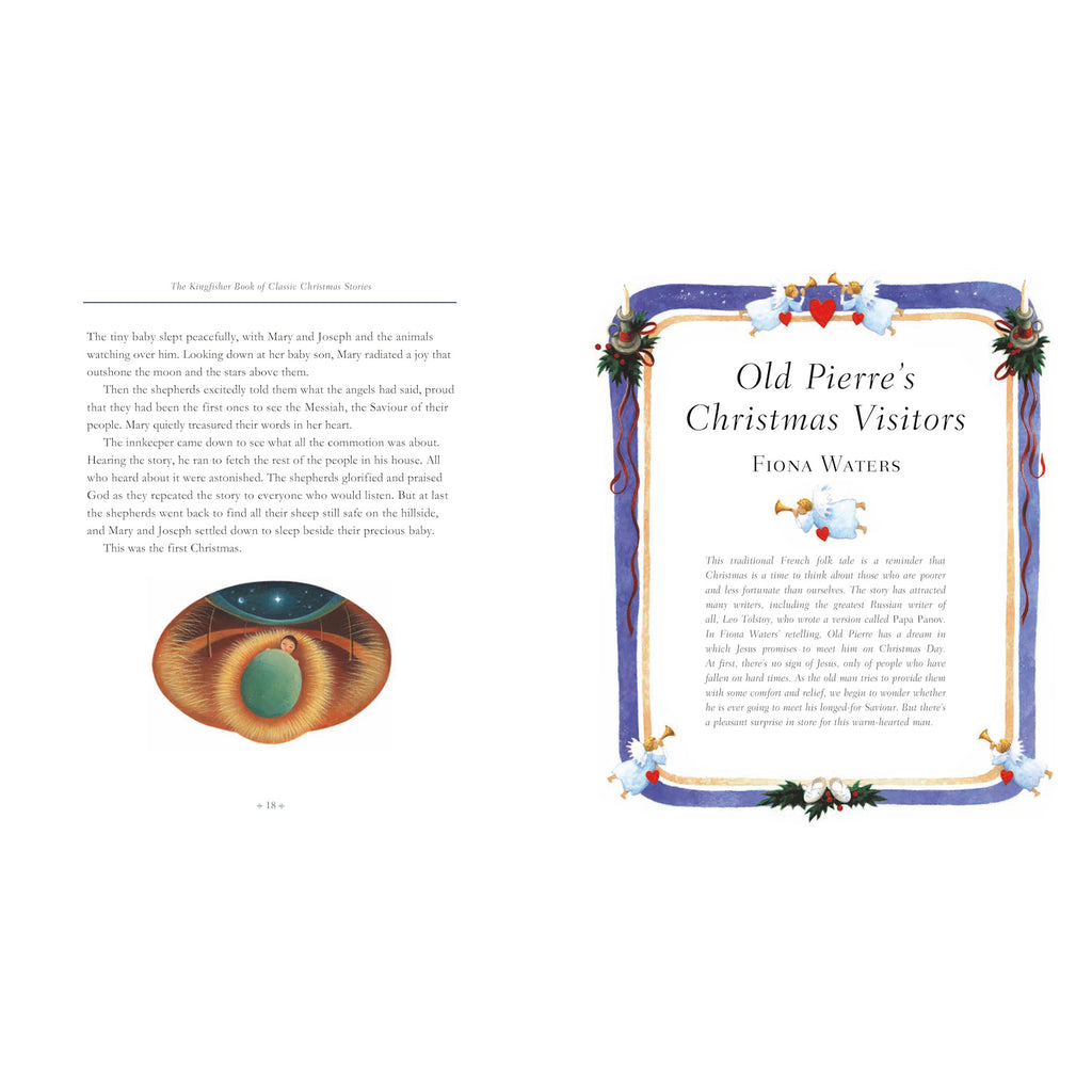 Two-page spread from a book. Left side: text about the nativity and an illustration of a shepherd under the night sky. Right side: decorative title page, "Old Pierre's Christmas Visitors" by Fiona Waters, with a border featuring angels and festive decorations.