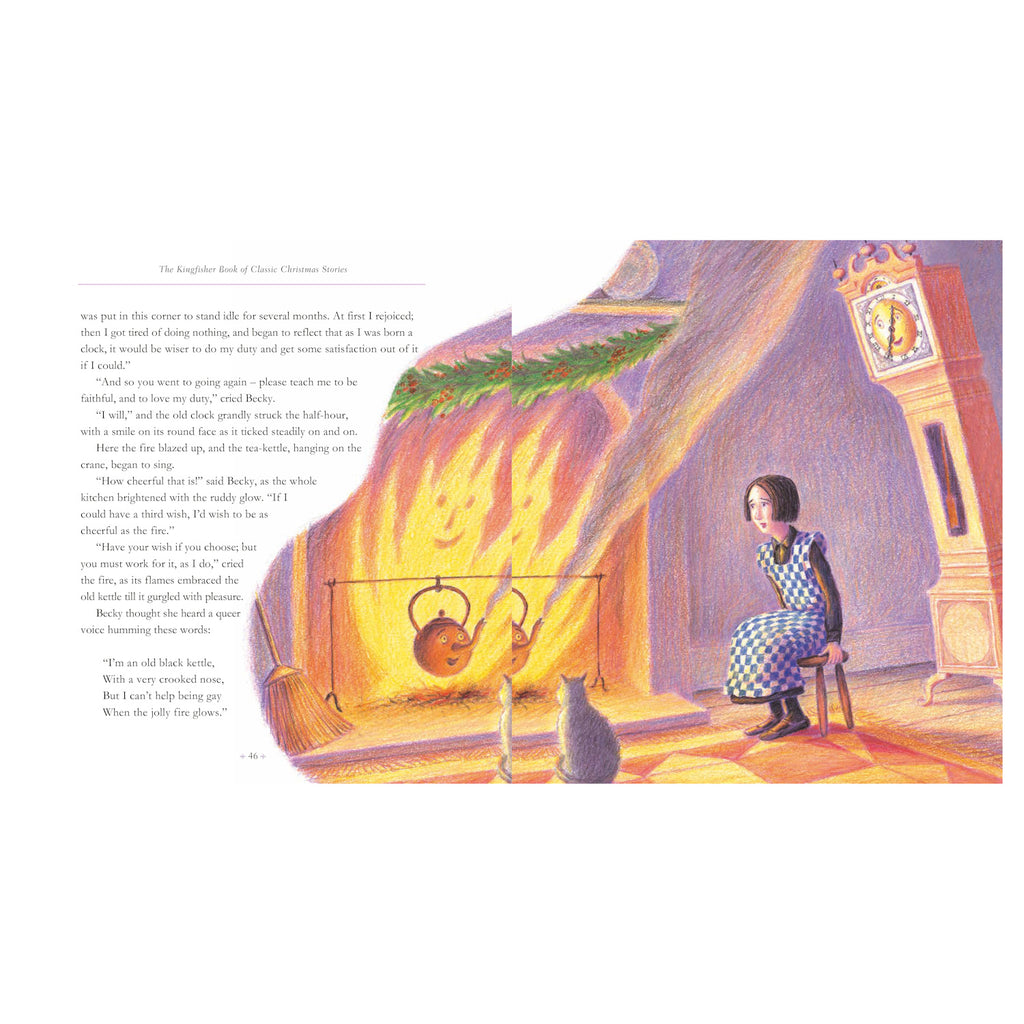 A girl in a checkered dress sits by a cozy fireplace, next to a smiling tea kettle and a curious cat. A grandfather clock stands nearby, creating a warm, nostalgic atmosphere.