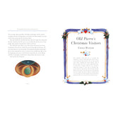 Open book showing a Nativity story and the title page for Old Pierre’s Christmas Visitors with angel illustrations.