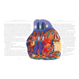 Illustrated Christmas book spread showing a girl offering red poinsettias at a church altar with a diverse congregation.