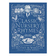 Blue book cover titled "Classic Nursery Rhymes," with white illustrations of nursery characters like Humpty Dumpty, birds, and plants. Whimsical and nostalgic.