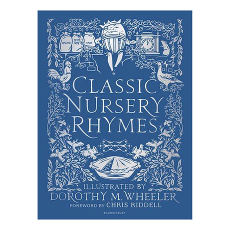 Blue book cover titled "Classic Nursery Rhymes," with white illustrations of nursery characters like Humpty Dumpty, birds, and plants. Whimsical and nostalgic.