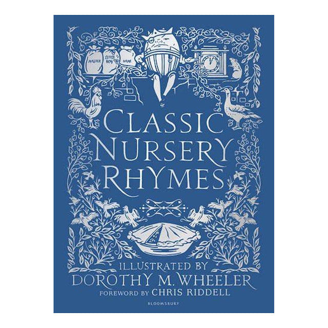 Blue book cover titled "Classic Nursery Rhymes," with white illustrations of nursery characters like Humpty Dumpty, birds, and plants. Whimsical and nostalgic.