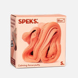 Peach-orange box for Speks Blur calming focus putty featuring a swirled Clementine-colored putty graphic.