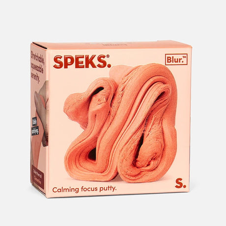 Peach-orange box for Speks Blur calming focus putty featuring a swirled Clementine-colored putty graphic.
