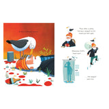 A bearded man with an orange beanie gets used to a seagull standing on his head everywhere he goes.
