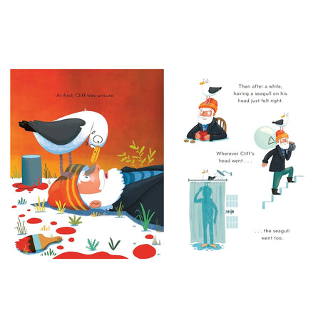 A bearded man with an orange beanie gets used to a seagull standing on his head everywhere he goes.
