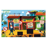 Illustrated children's book scene of a man with a seagull on his hat walking past anti-seagull signs.