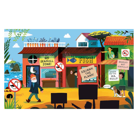 Illustrated children's book scene of a man with a seagull on his hat walking past anti-seagull signs.