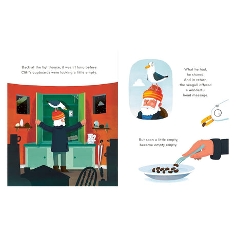 Children's book page showing a man with a seagull on his beanie opening an empty cabinet, and eating beans.