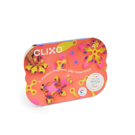 Pink and yellow Clixo Crew Pack packaging box showcasing magnetic play pieces and 3D build ideas.