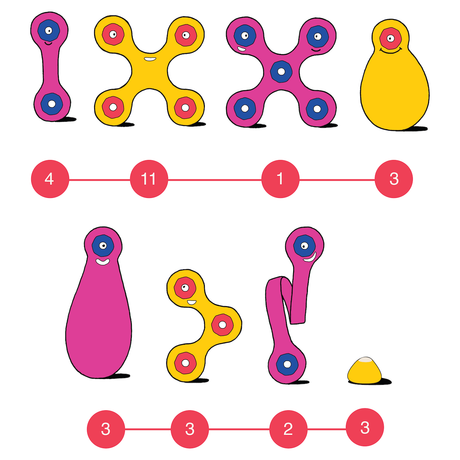 Illustration of pink and yellow magnetic toy pieces with smileys and piece counts listed in red circles below.