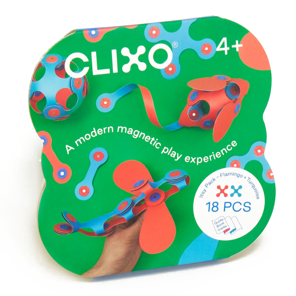 Packaging for Clixo magnetic toy set; vibrant green with red and blue pieces. Includes phrase "A modern magnetic play experience" and "18 PCS" label.