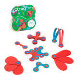 Clixo Itsy Pack packaging box with red and turquoise flexible magnetic pieces on a white background.