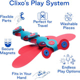 Infographic of magnetic toy play system features surrounding a turquoise and pink dragonfly-like creation.
