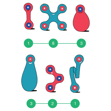 Graphic illustration of red and turquoise Clixo magnetic toy pieces with piece quantities shown below.