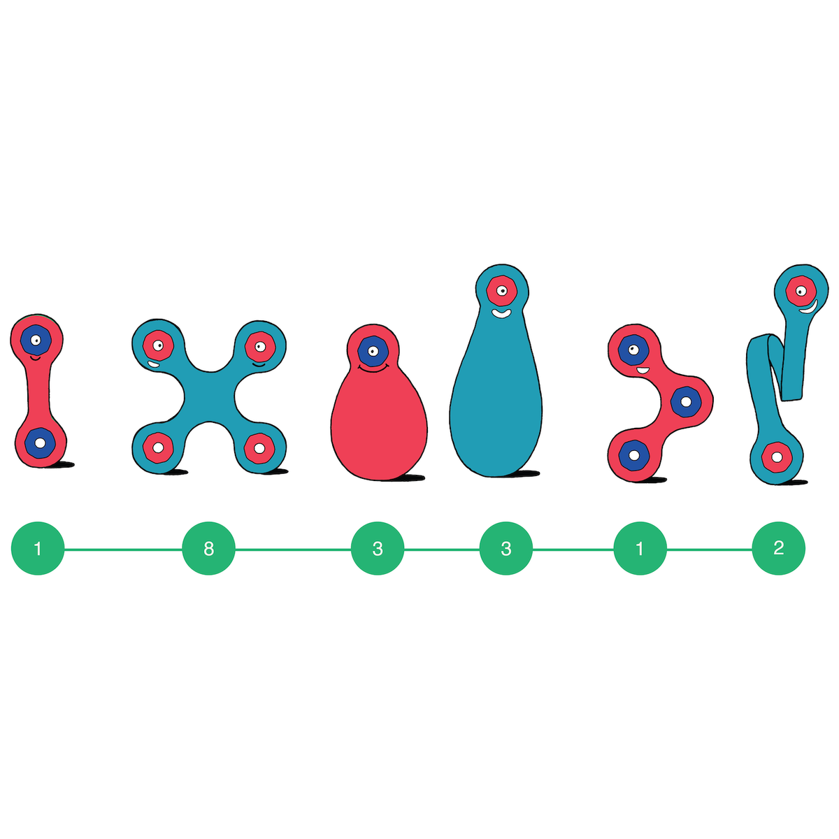 Illustrated row of pink and turquoise Clixo magnetic pieces with quantities in green circles below.
