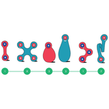 Illustrated row of pink and turquoise Clixo magnetic pieces with quantities in green circles below.