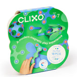 Packaging for Clixo magnetic toy, green and blue design with "modern play experience." Includes 18 pieces for ages 4-7 and emphasizes safe magnets.