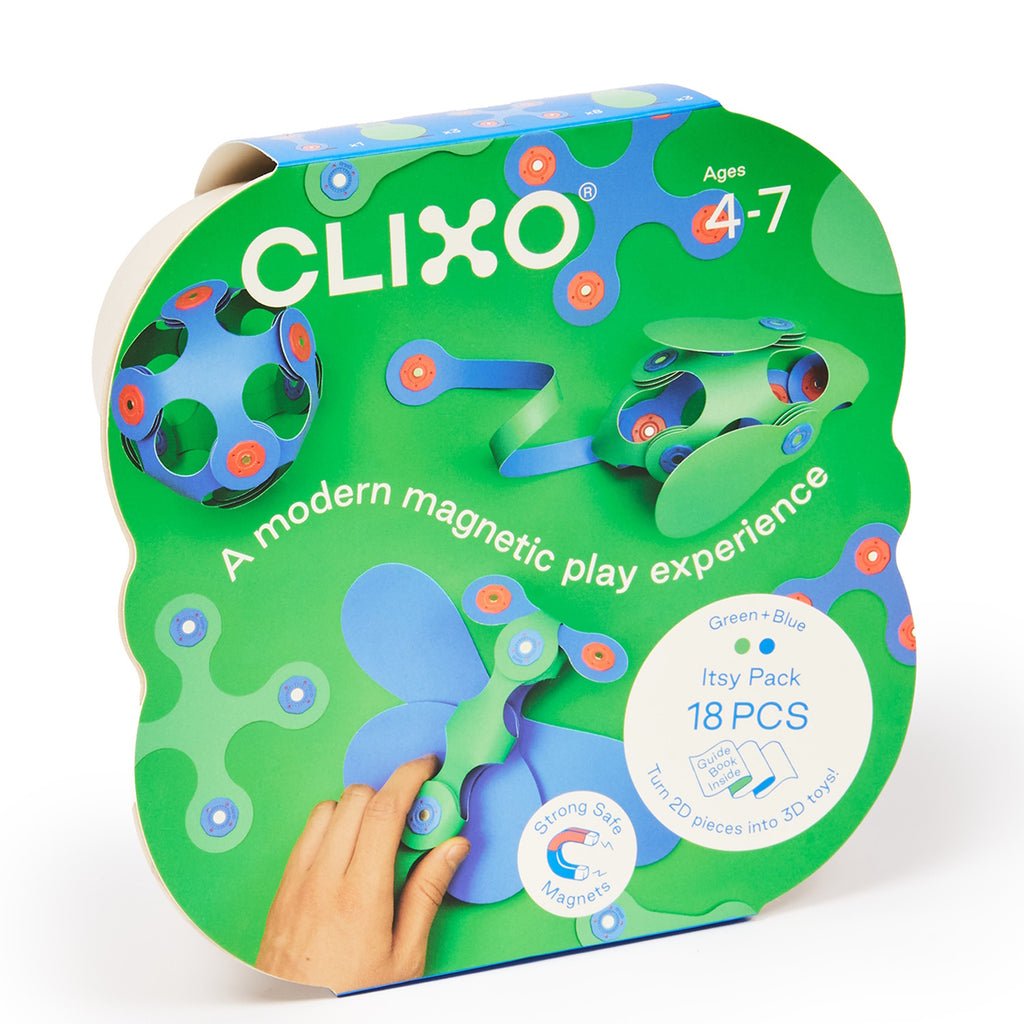 Packaging for Clixo magnetic toy, green and blue design with "modern play experience." Includes 18 pieces for ages 4-7 and emphasizes safe magnets.