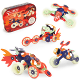 Clixo Mars Rovers toy set box surrounded by four colorful, glow-in-the-dark vehicle creations.