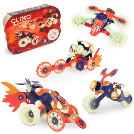 Clixo Mars Rovers toy set box surrounded by four colorful, glow-in-the-dark vehicle creations.
