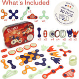 Diagram and photo showing "What's Included" in the Clixo Mars Rovers 30-piece set, with parts and counts.