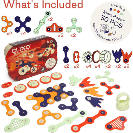 Diagram and photo showing "What's Included" in the Clixo Mars Rovers 30-piece set, with parts and counts.