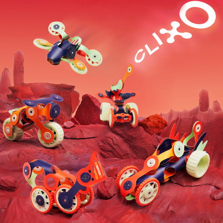 Five colourful Clixo toy vehicles placed on a red rocky landscape, with one floating drone design.