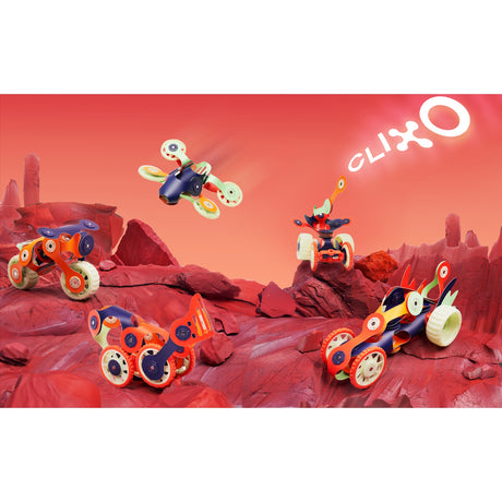 Various Clixo toy vehicles displayed across a red Martian landscape background with a glowing Clixo logo.