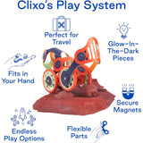Infographic for Clixo's Play System showing features like Glow-In-The-Dark Pieces and Flexible Parts.
