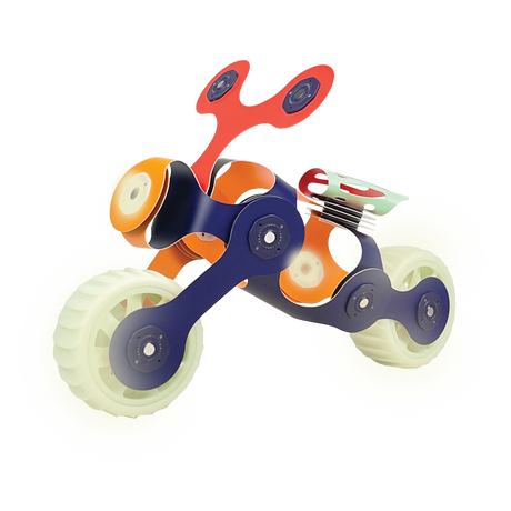 A toy motorcycle built with flexible Clixo magnetic pieces and glowing green wheels against a white background.