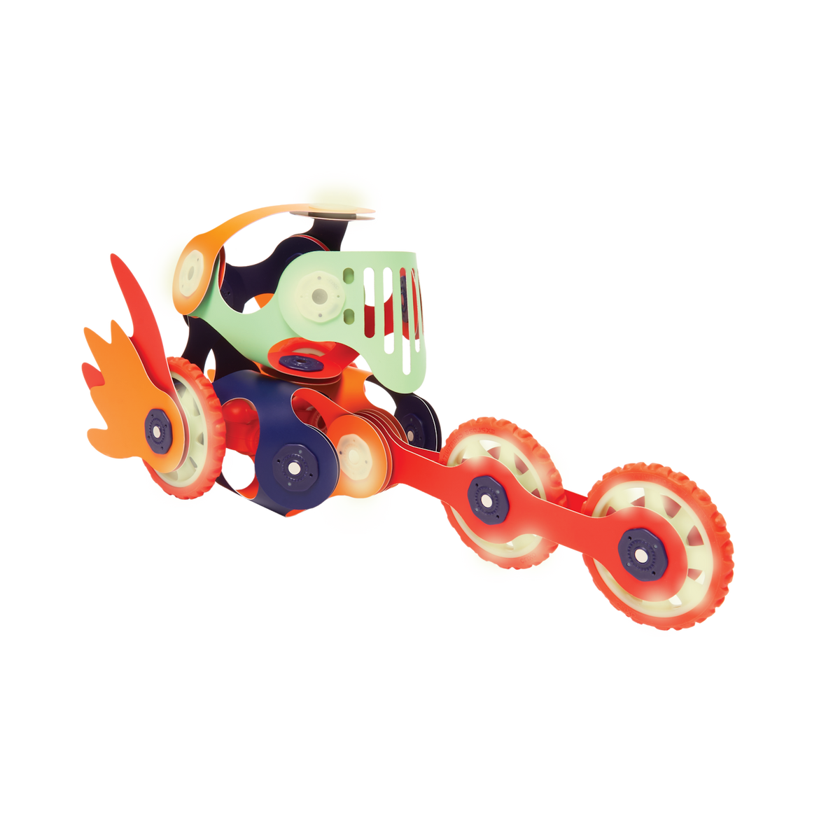 A futuristic toy rover built with flexible Clixo magnetic pieces and glowing wheels on a white background.