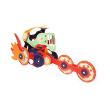 A futuristic toy rover built with flexible Clixo magnetic pieces and glowing wheels on a white background.