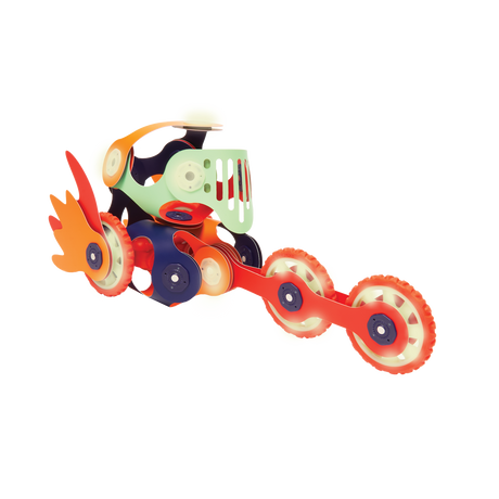 A futuristic toy rover built with flexible Clixo magnetic pieces and glowing wheels on a white background.
