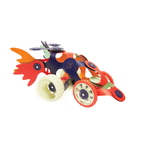 A futuristic toy car built with flexible Clixo magnetic pieces and glowing wheels against a white background.