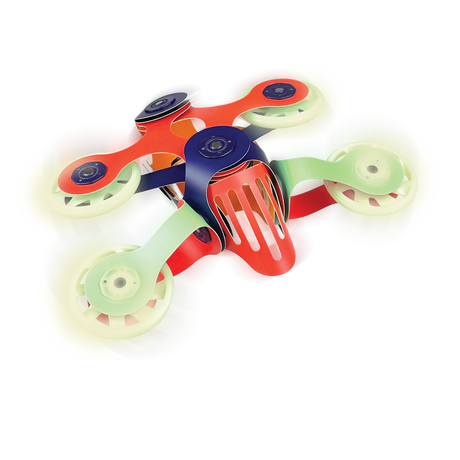 A toy drone craft built with flexible Clixo magnetic pieces and four glowing wheels against a white background.