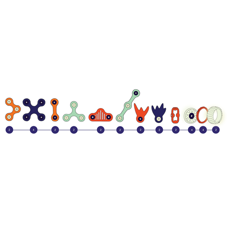Diagram illustrating a single horizontal row of Clixo Mars Rovers set parts, wheels, and piece counts.
