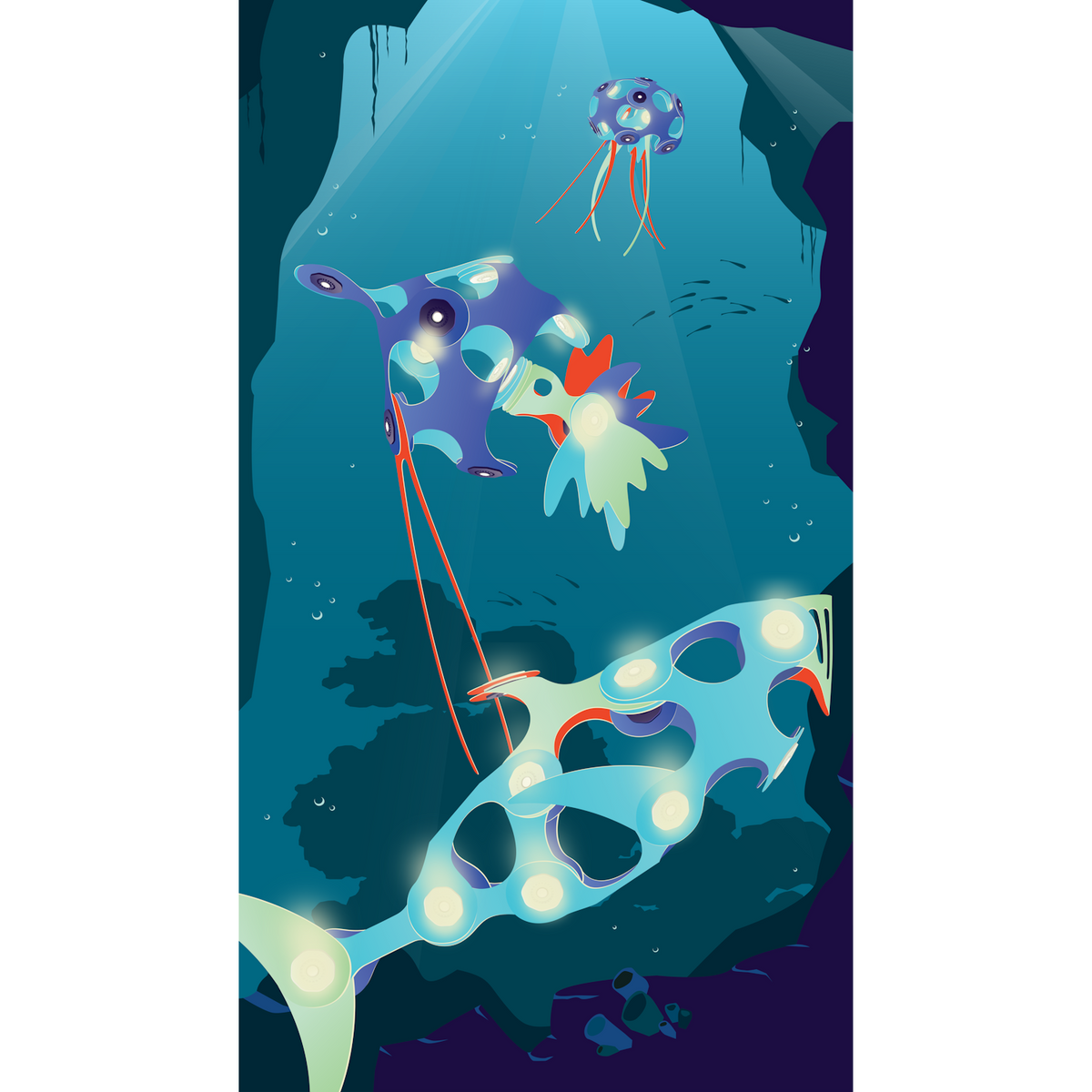 Glowing modular toy sea creatures, including fish and jellyfish, floating underwater in a deep blue ocean.