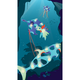 Glowing modular toy sea creatures, including fish and jellyfish, floating underwater in a deep blue ocean.