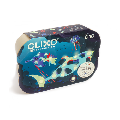 Clixo Expedition Ocean Creatures 24-piece glow-in-the-dark toy building set packaging for ages 6–10.